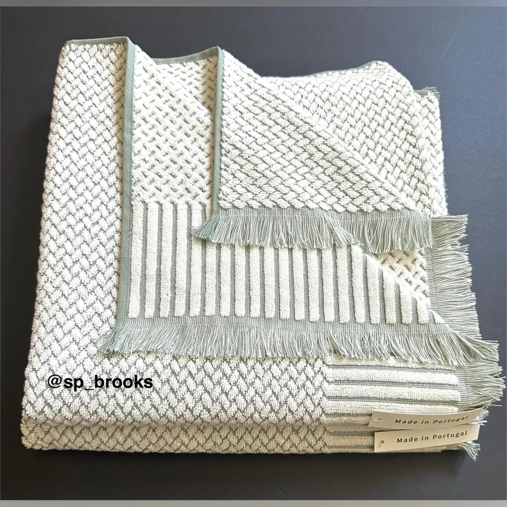 🎁6PC BIANCA Bath Towel Set - Cotton Textured Woven & Terry - Green & Cream
